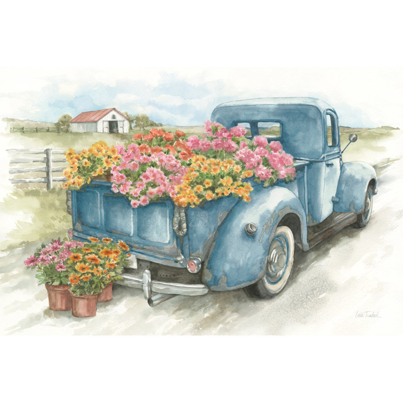 Camion avec fleurs sur fond bleu sur toile, H 20 po x l 30 po x P 1,25 po