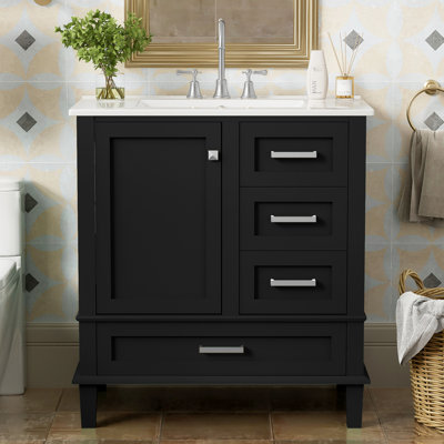 Meuble-lavabo de salle de bain 30 po, aspect noir moderne, fabrication en bois massif +, lavabo en céramique, 3 tiroirs et porte à fermeture en douceur pour armoire de 30 po, finition, comptoir et