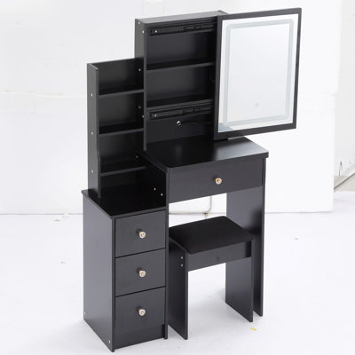 Petite coiffeuse 29,2 po avec tabouret de chevet gauche + grand tabouret rembourré, commande tactile, interrupteur tricolore, miroir à réglage de luminosité DEL, rangement grande capacité, certificat EPA, GCC, UL