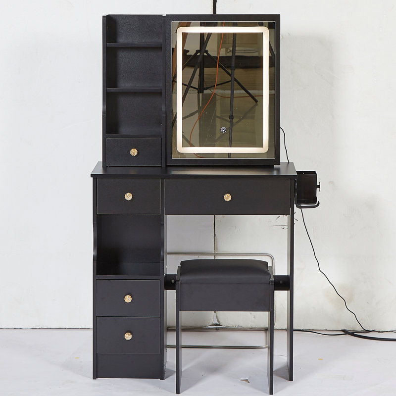 29.2" Small Size Left Drawer Desktop Vanity Table With Cushioned Stool, 2 Ac+2 Usb Power Station, Hair Dryer Bracket, Extra Large Touch Control Sliding Led Mirror, Tri-Color Switching