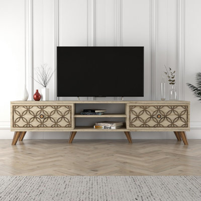 Modern TV Stand with Wall-Mount Option, Travertine Color, 70.9 x 17.3 x 14.6 inches | 100% Melamine Coated Particle Board, Thickness: 0.7 inches | Multiple Shelves for Storage, Stylish Geometric Design for Contemporary Living Rooms