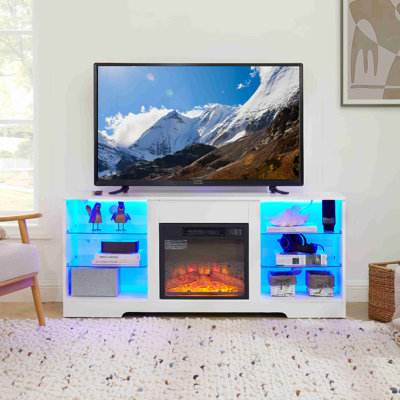 TV Stand Electric Fireplace Glass Shelves, 3D Fireplace TV Stand With LED Lights Wood With USB Charging Outlet Modern Television Table Center For TV Up To 62" , 58''W*15.5''D*24.4