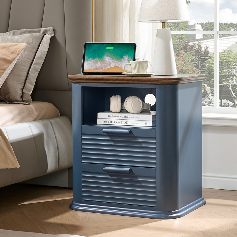 Table de chevet cannelée 22 po avec station de charge, Plateau brun / bleu marine