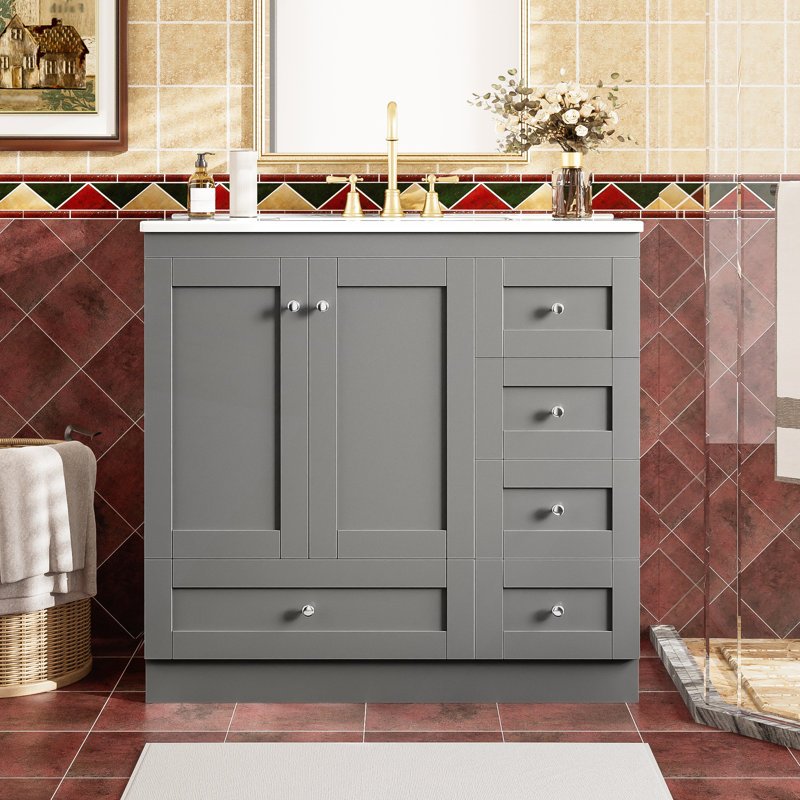 Meuble-lavabo de 36 po de style Shaker avec lavabo en céramique, tiroirs à fermeture en douceur et portes pour petits espaces