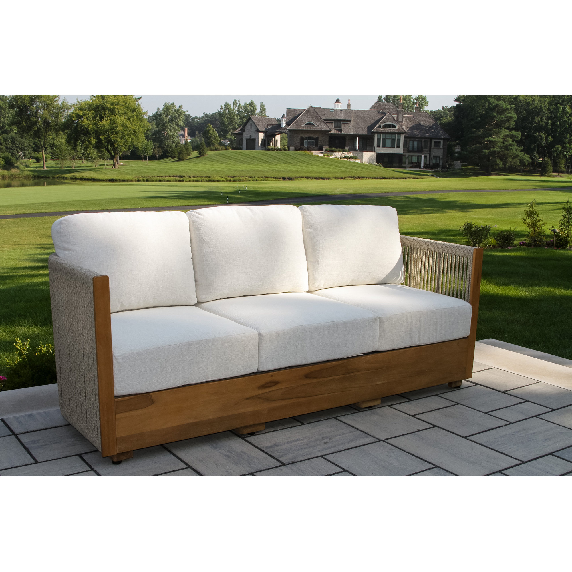 Aniston 81.5'' Wide Outdoor Teak Patio Sofa with Sunbrella Cushions, Ivory