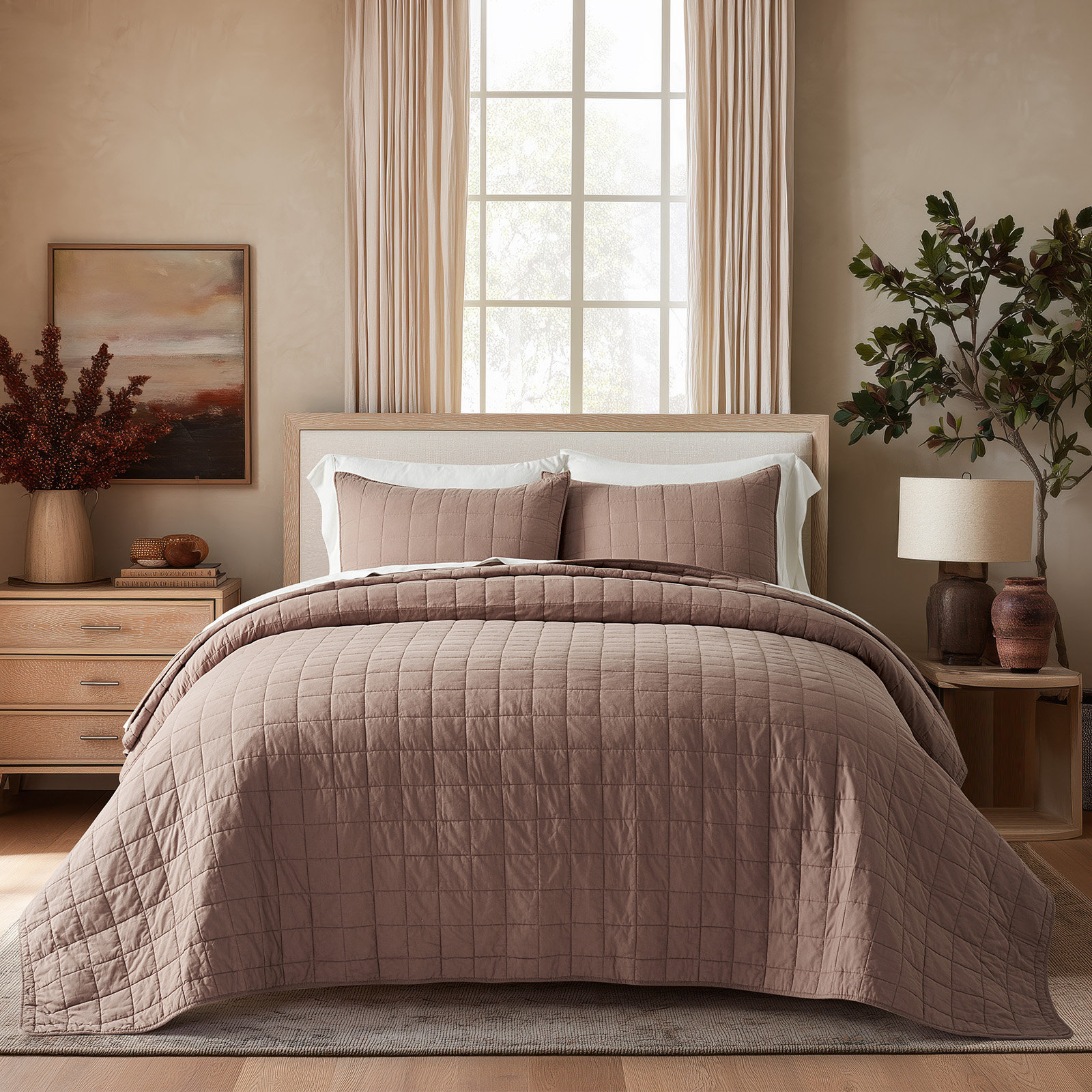 100% Cotton Box Stitch Quilt Set, Queen Quilt + 2 Queen Shams, Terracotta Clay