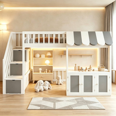 Low Loft Bed with Storage Stairs, Market Stall Playhouse, Cabinets and LED Lights