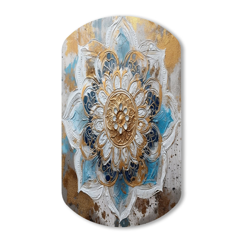 Blue And Gold Mandala I - Boho Mandala Asymmetrical Metal Wall Art, Blue Freeform Metal Art Print, 43" H x 23" W x 1" D