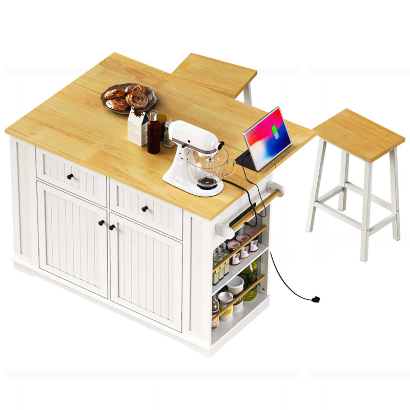 Grand îlot de cuisine 48 pouces avec 2 tabourets de bar, Blanc