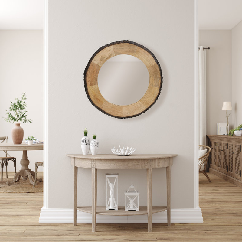 30.5" Round Brown Mango Wood and Glass Wall Mirror