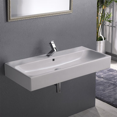 CeraStyle By Nameeks Pinto 18.3'' Glossy White Ceramic Rectangular Vessel, Wall Mount Bathroom Sink with Overflow