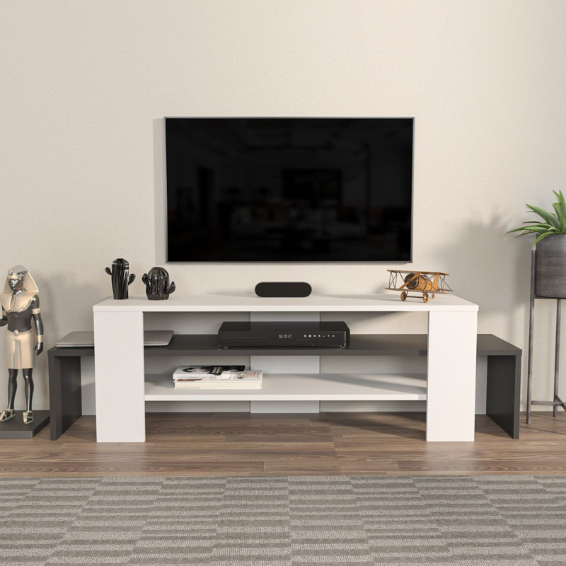 Meuble télé moderne, blanc et anthracite, 59,1 po x 17,7 po x 13,8 po | 100% panneau de particules enduit de mélamine, épaisseur: 0,7 pouce | Conception élégante parfaite pour le salon ou l'espace de divertissement, durable et élégante