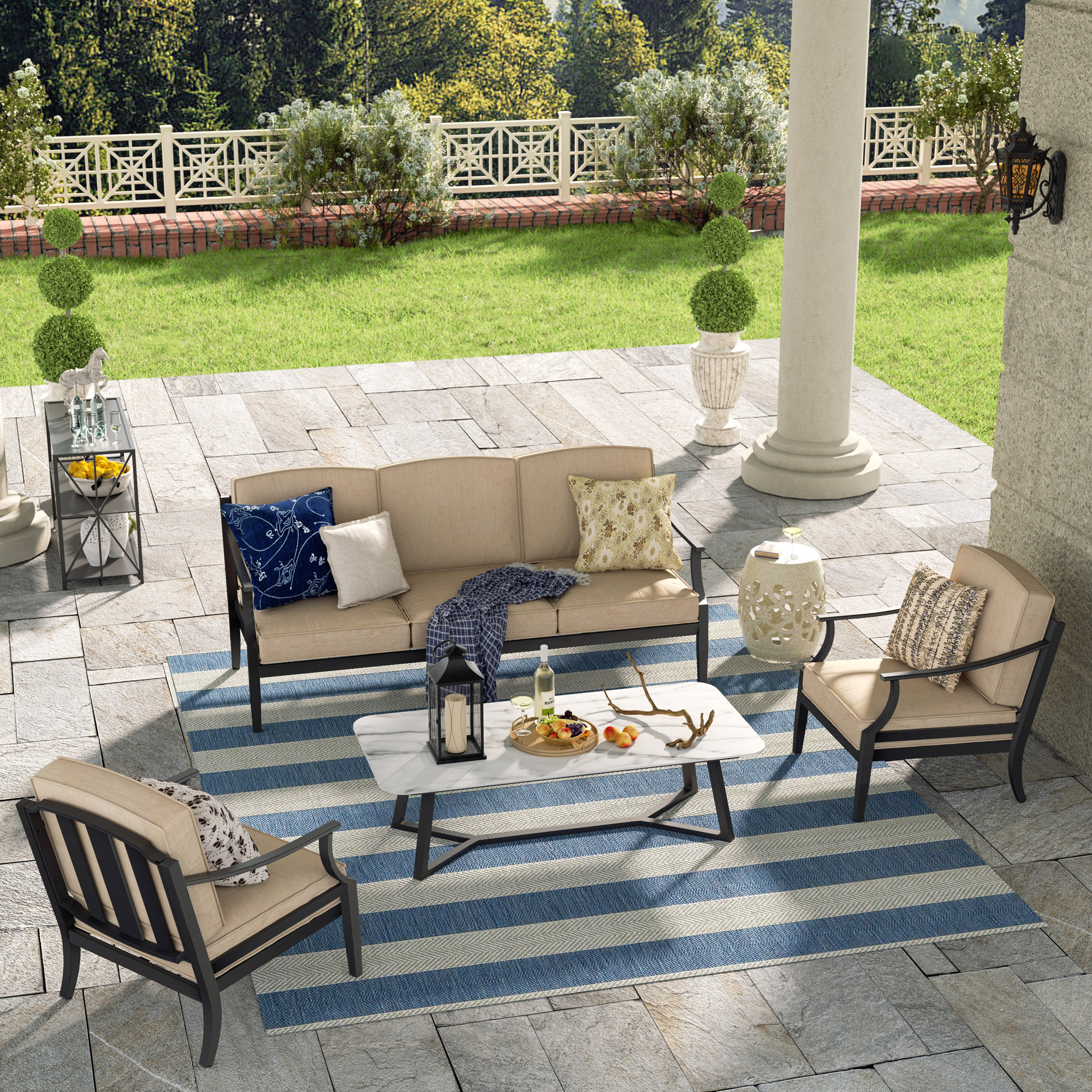  Tamarin 4 Pieces Aluminum Patio Conversation Seating Group With Sunbrella® Cushions And Sintered Stone Table