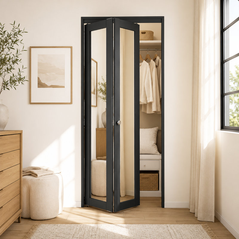 Porte pliante en bois massif à miroir 28 po x 80 po avec quincaillerie d'installation (garde-robe, garde-manger) Noir, Noir