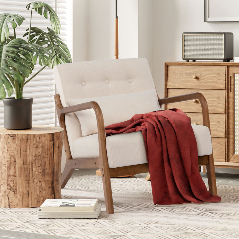 Walthill 63 cm Modern Scandinavian Solid Wood Armchair, Linen Blend, Beige