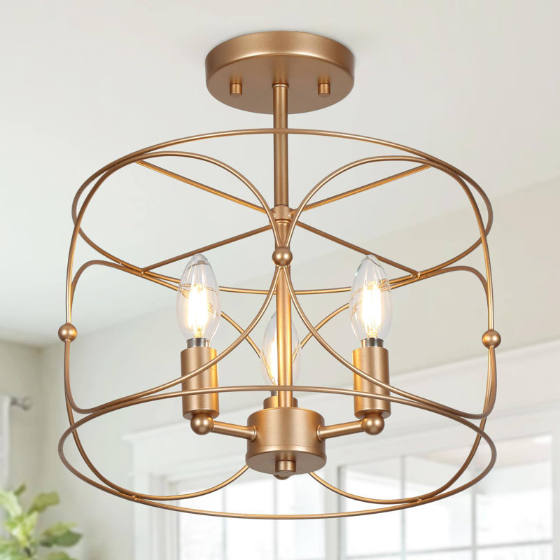 3-Light Drum Cage Frame Semi-Flush Mount Light