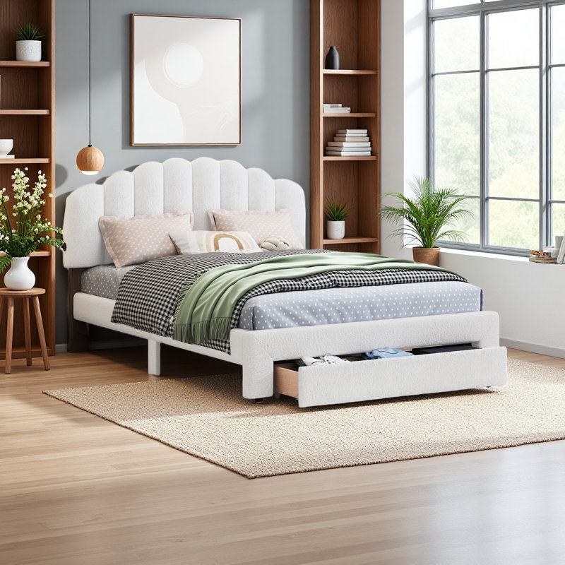 Grand lit plateforme tapissier Teddy, Blanc