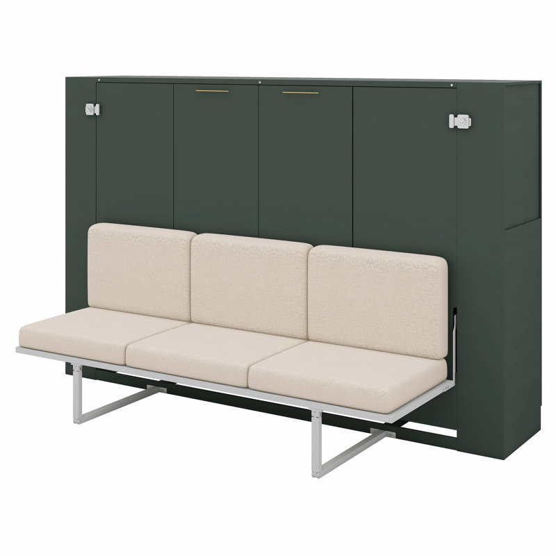 Le lit escamotable avec canapé combine des étagères de rangement et des ports USB de chargement dans un design moderne et épuré.