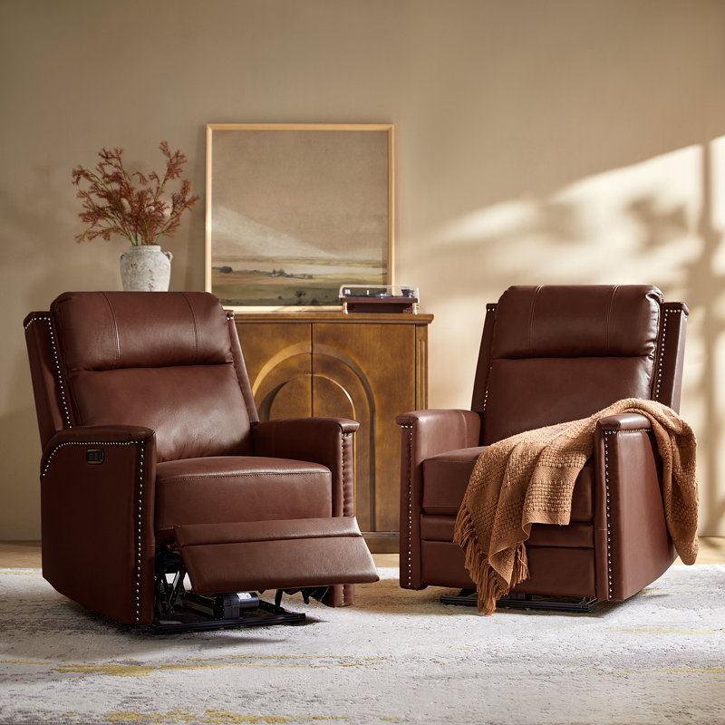 Rueda Genuine Leather Power Recliner with Built-in USB Port, Brown Genuine Leather