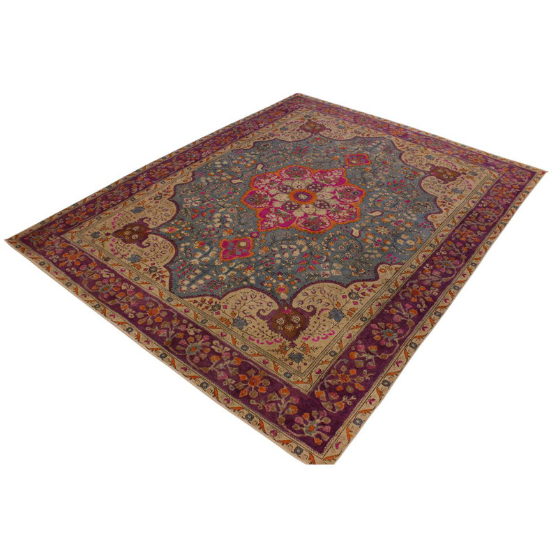 Tapis rouge / beige / vert en laine noué à la main 9 pi 6 po x 12 pi 2 po Evgenii