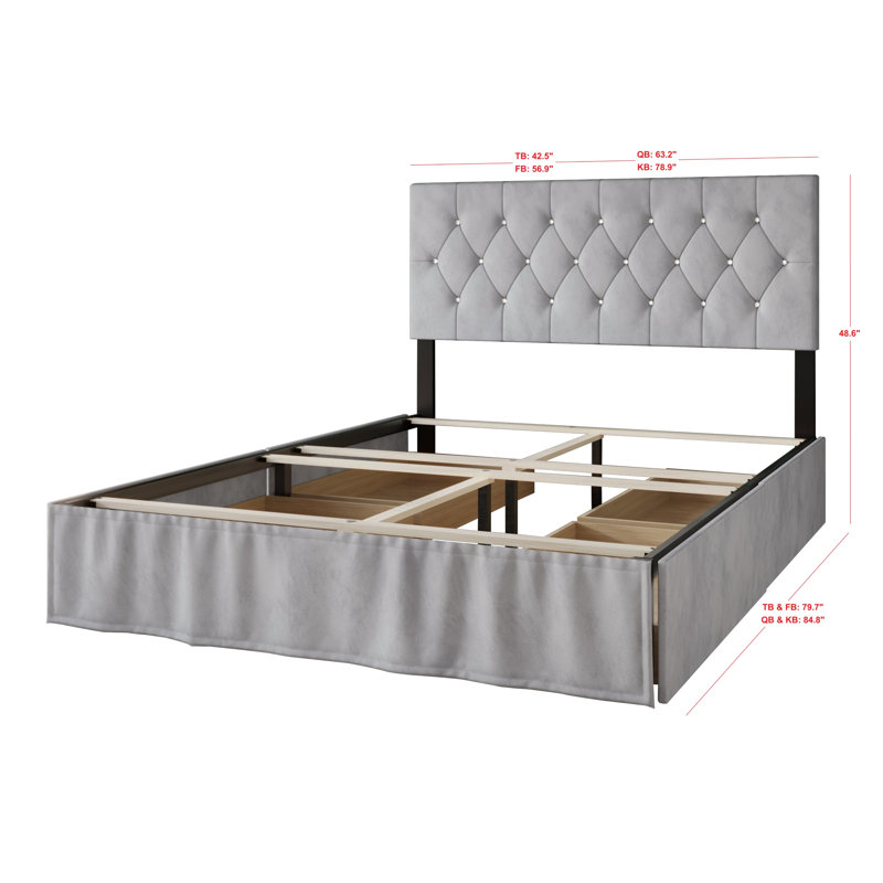 Lit à panneaux tapissier avec rangement Tandy, Gris argenté, Grand