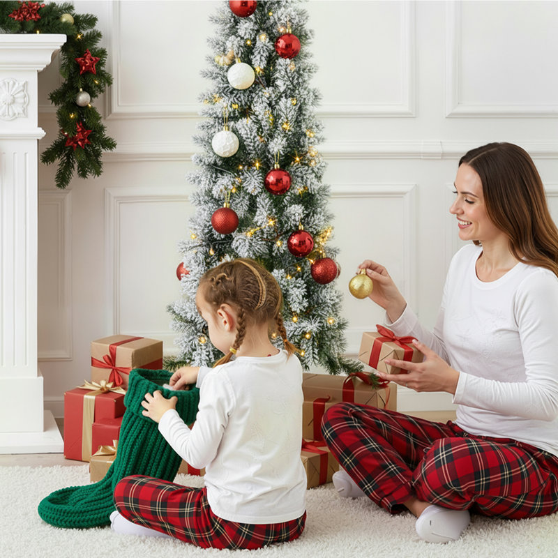 Arbre de Noël floqué au crayon, arbre artificiel pré-éclairé avec 8 modes de lumière chaude, mince décoration de Noël artificielle