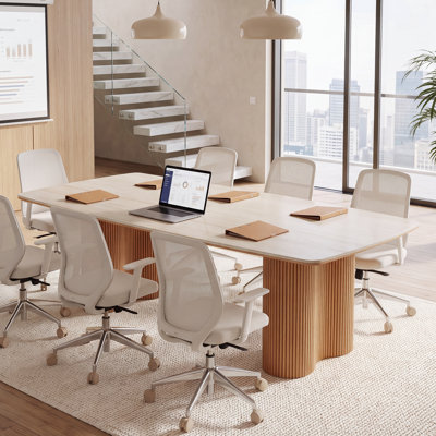 Grande table de réunion rectangulaire en pierre frittée de 78,7 po avec pieds en bois massif pour 6 à 8 personnes