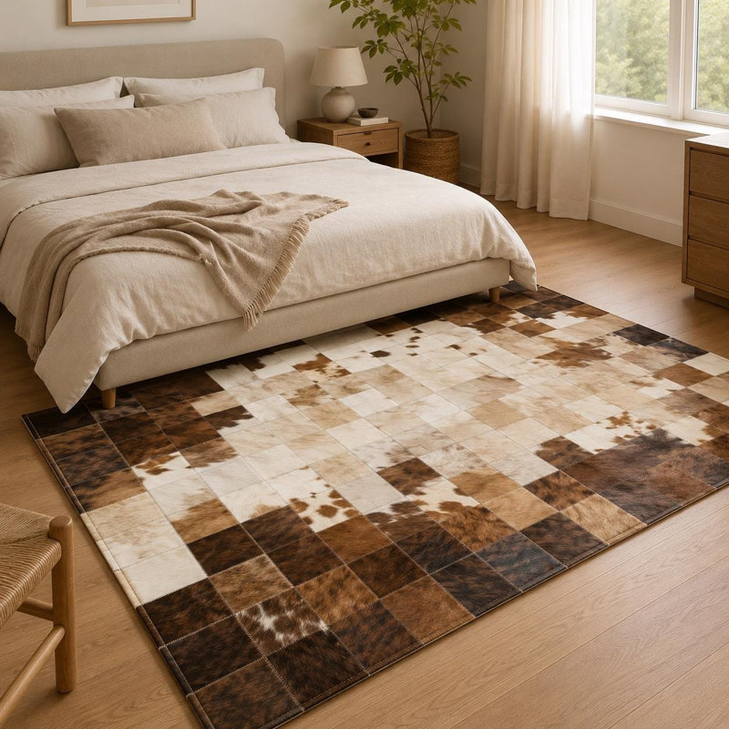 Tapis en cuir de vache patchwork fait à la main, tapis en cuir véritable, tons de brun beige, Tapis de couloir 2,5 x 8 pi