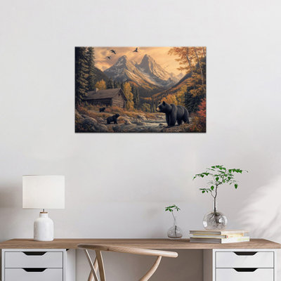 Bear Canvas Wall Art Mountain Forest Wildlife Landscape Grizzly Bear Picture Prints Rustic Cabin Poster Animal Canvas Art for Living Room Bedroom Office Nature Wall Artwork Ready to Hang, 12×16 Inches