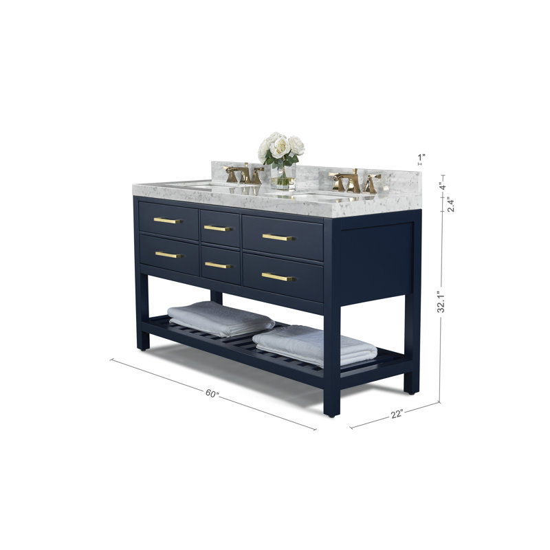Elizabeth 60 in. Handmade Double Vanity, Heritage Blue/Brushed Gold, Carrara White Marble
