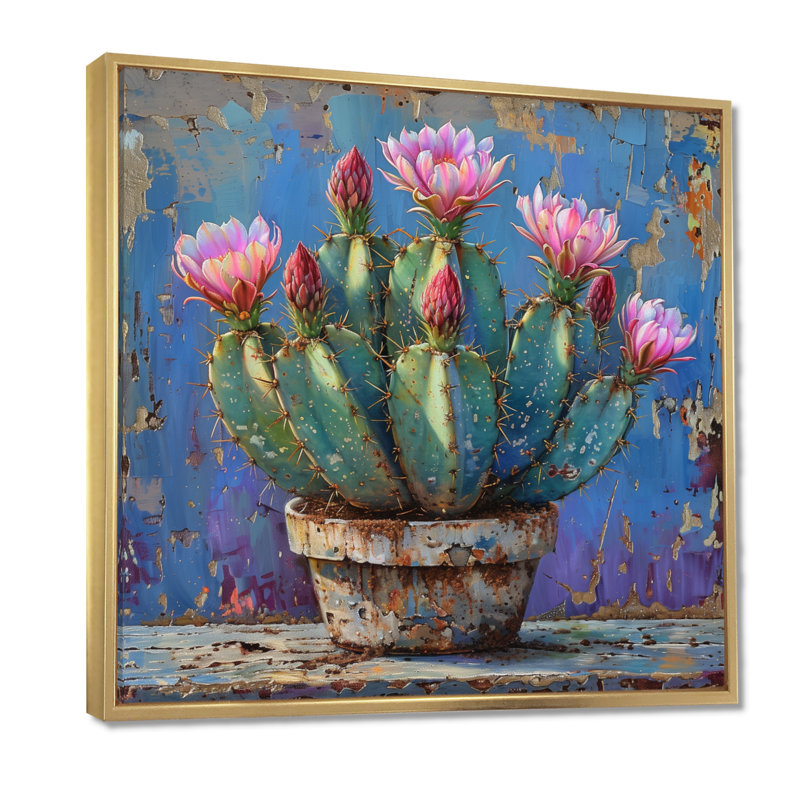 Cactus rose en poterie du désert - impression d'art mural cactus floral, H 30 po x l 30 po x P 1 po