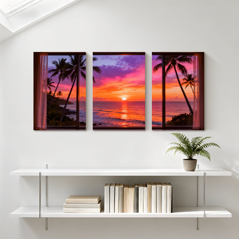 Scénario et paysages urbains, coucher de soleil tropical, Palm Beach, vue sur l'océan, ensemble de 3 impressions sur toile