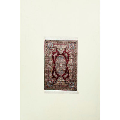 Tapis oriental en soie rouge / or / beige touffeté à la main 2 pi 7 po x 3 pi 11 po Antep Rentangle
