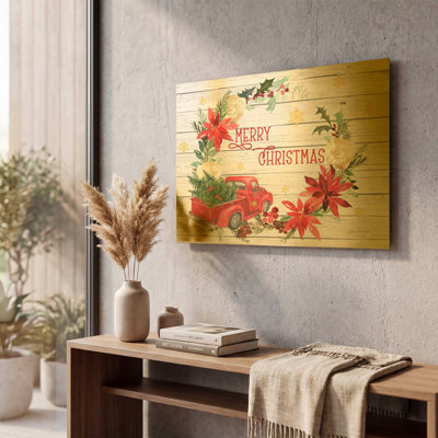 «Red Truck Christmas Wreath» par Jean Plout, art mural en métal doré, 24 po x 16 po