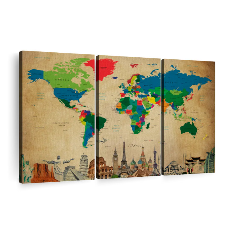 Carte du monde sur toile de la société 3 pièces, H 32 po x l 50 po x P 1,25 po
