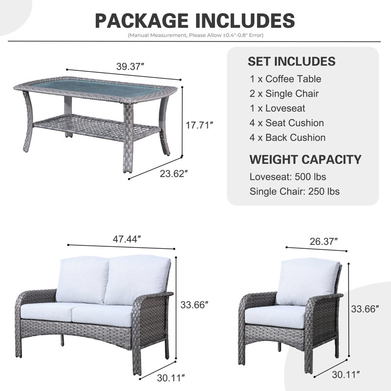 4 Piece Rattan Sofa Seating Group with Cushions, Gray/Light Gray
