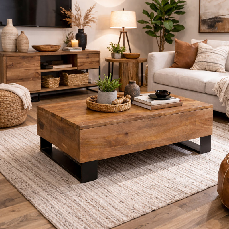 Table basse rectangulaire relevable, style américain traditionnel, bois de manguier massif, finition polie brune, piètement traîneau, grand espace de rangement, profondeur 109 cm, largeur 61 cm, hauteur 41 cm, poids 42,5 kg