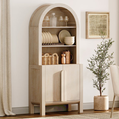 71" Tall Arched Kitchen Pantry Cabinet, Wood Bookcase Display Cabinet With Doors And Adjustable Shelves, Mid-Century Modern Versatile Cupboard For Dining Room, Bedroom