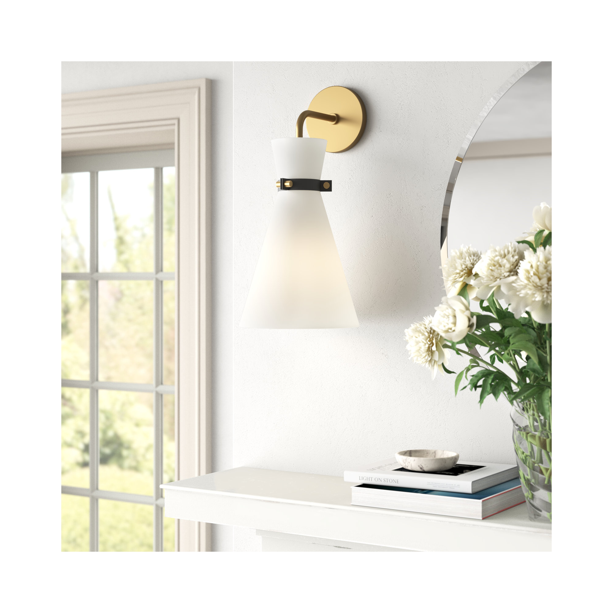 Single Light Steel Dimmable Armed Sconce, Aged Brass/Black