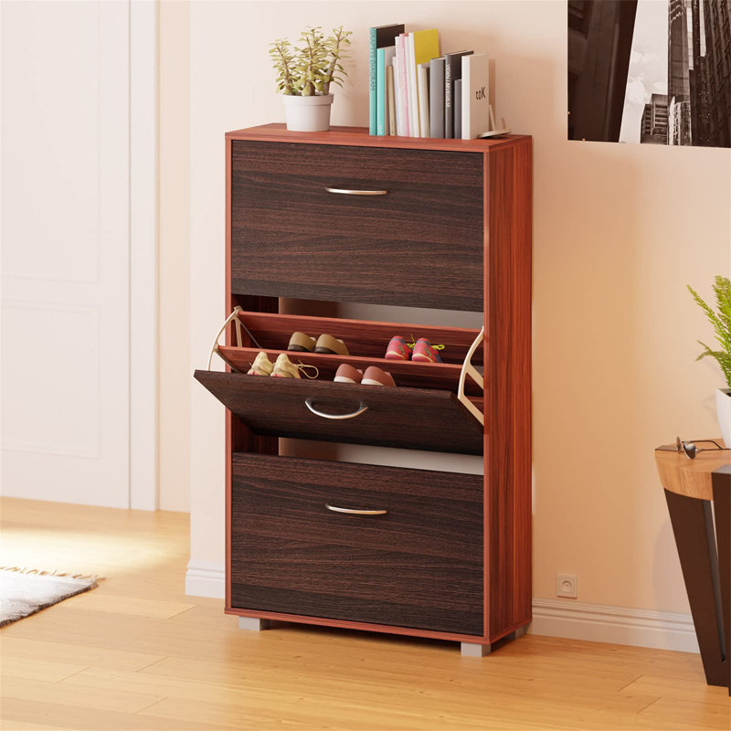 18 Pair Shoe Storage Cabinet, Black/Brown wood