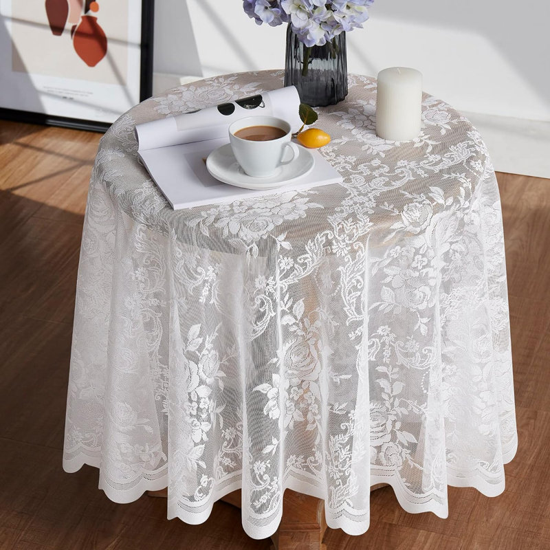 Lace Round Tablecloth With English Rose Design, Ivory, 60" W x 60" L