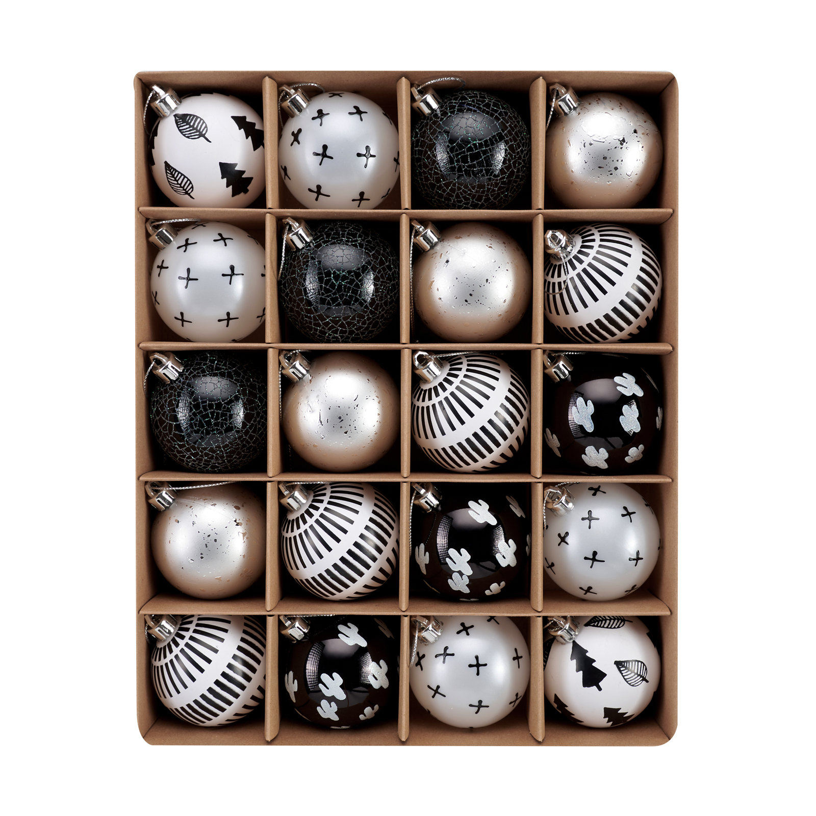 Kaimani 20ct 60mm Shatterproof Christmas Ornaments, Boho Black/White