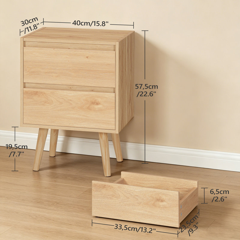 22.4"Nightstand with 2 Drawers, Small End Table with Storage for Living Room, Brown