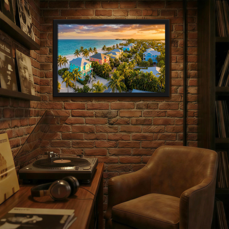 Paysage et nature, plage tropicale, maisons, coucher de soleil, palmiers, H 12 po x l 18 po