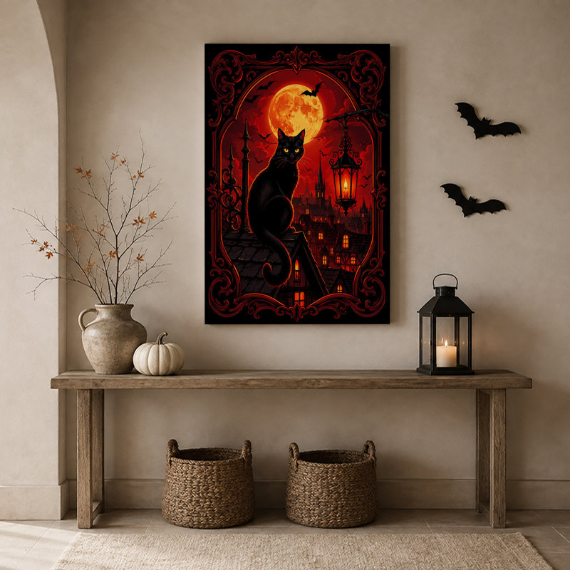 Art mural sur toile, "Chat noir sur le toit avec lune orange", H 24 po x l 16 po