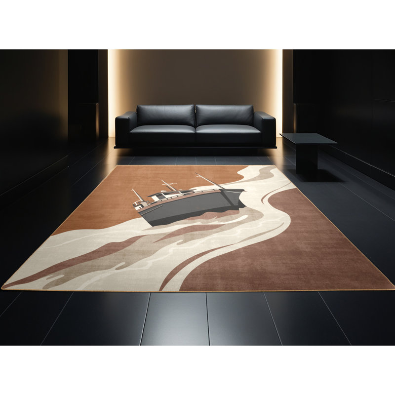 Machine Washable Potts River Barge Scandinavian Rug in Brown – LightBrown Binding, 5x7