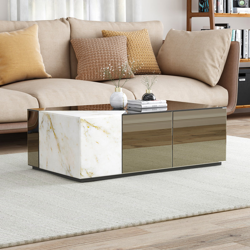Benley 39.4''L Modern Glass Rectangle Coffee Table, Brown/White