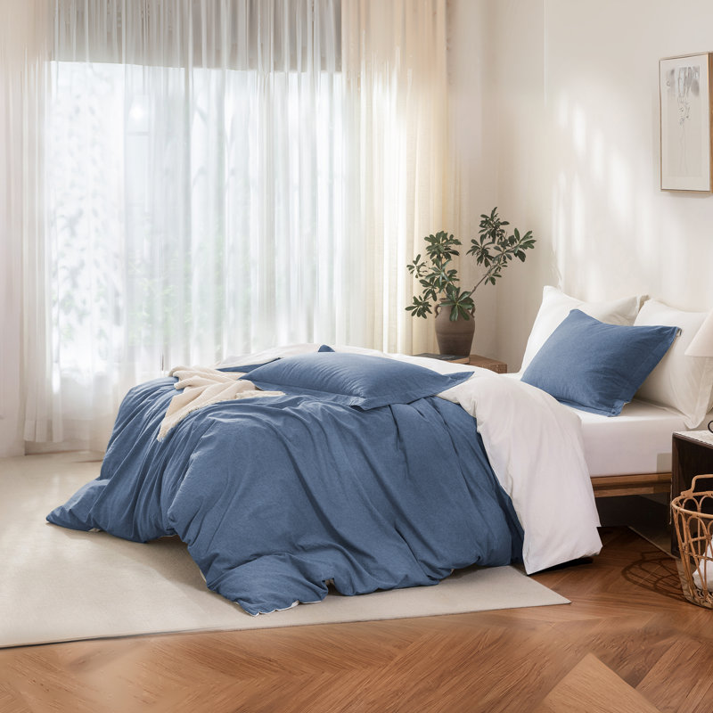 Solayne 100% Washed Cotton Duvet Cover Set with Faux Hemp Texture, Solid Color, Zipper Closure and Corner Ties, Navy