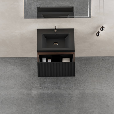 Meuble-lavabo flottant avec lavabo, meuble de rangement mural moderne avec tiroir à fermeture en douceur, idéal pour les salles de bain compactes et fonctionnelles.