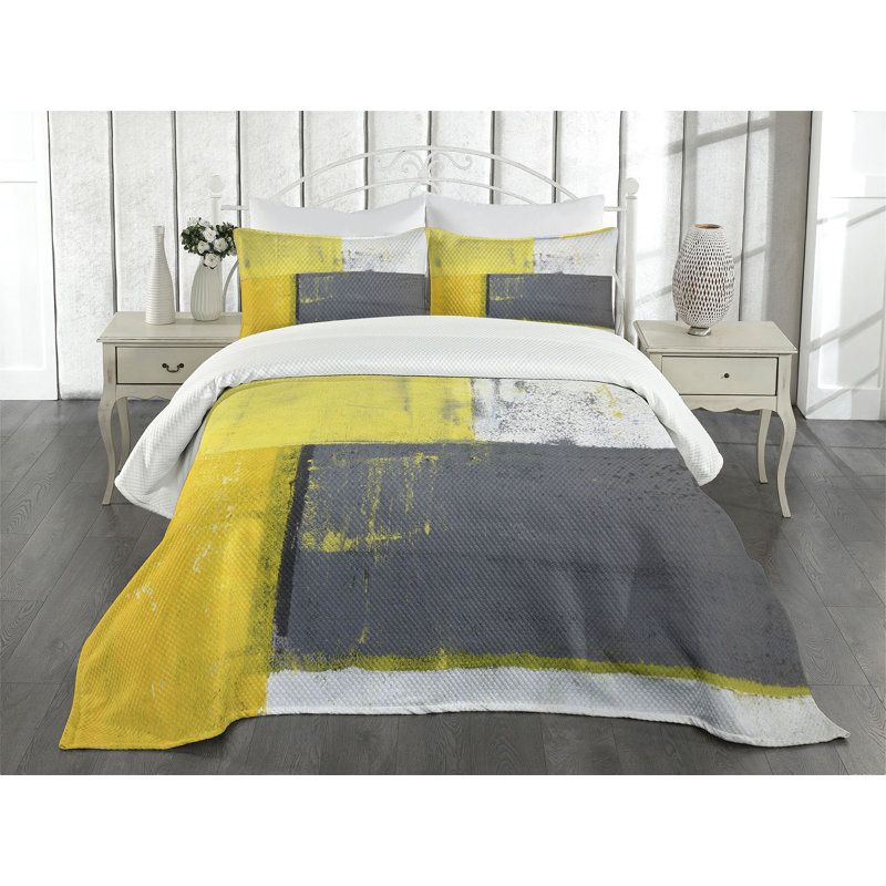 Ambesonne Abstract Bedspread Set Pale Yellow Squares Grey Yellow, King Bedspread + 2 Standard Shams